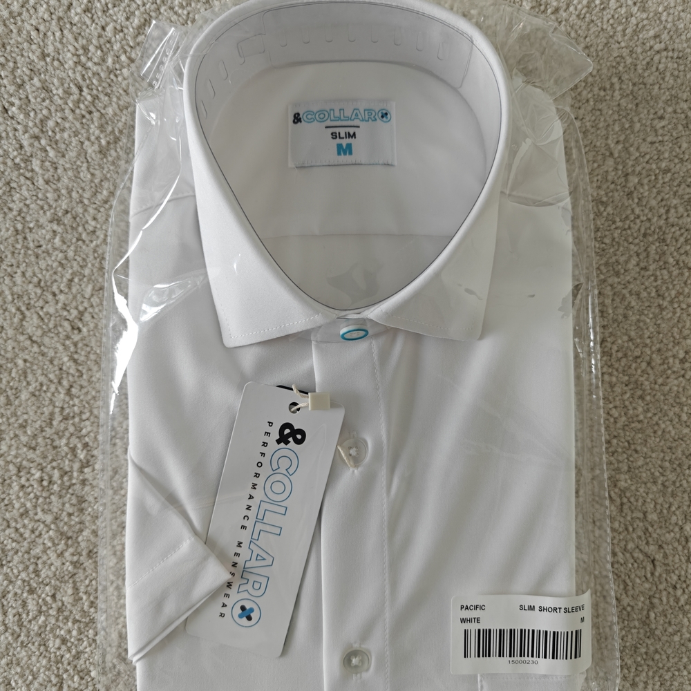 &Collar White Short Sleeve Stretch Dress Shirt Men's Slim Medium